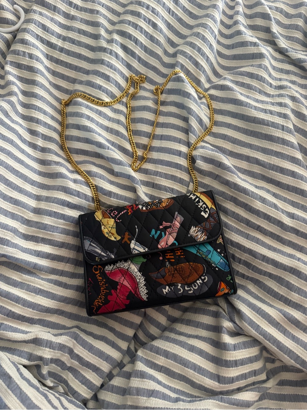 Quilted Multi-Color Patterned Crossbody Bag with Gold Chain